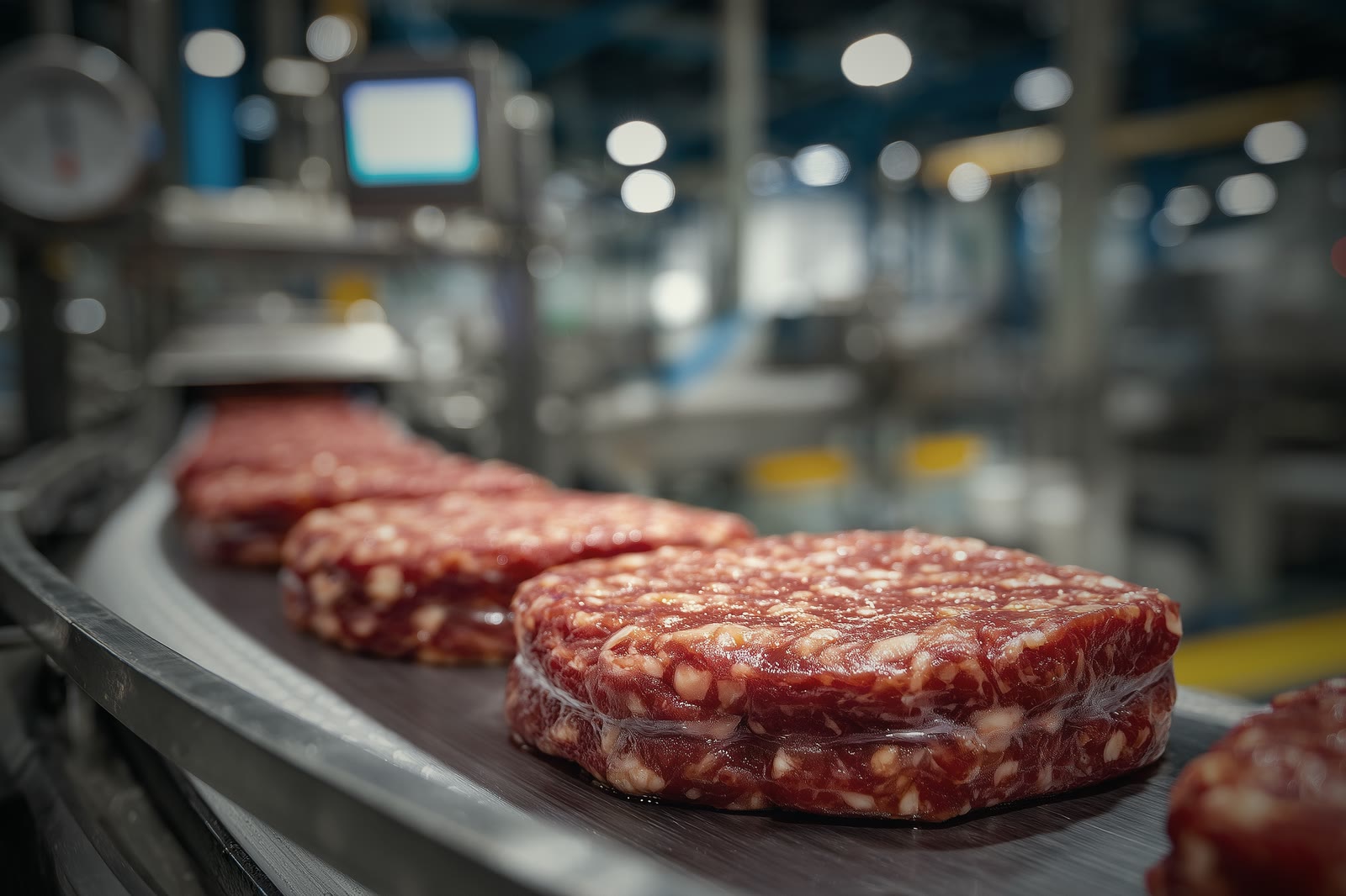Ground-meat patties travelling along a stainless steel conveyor, the nearest one sharp in the foreground and the processing hall soft behind it.