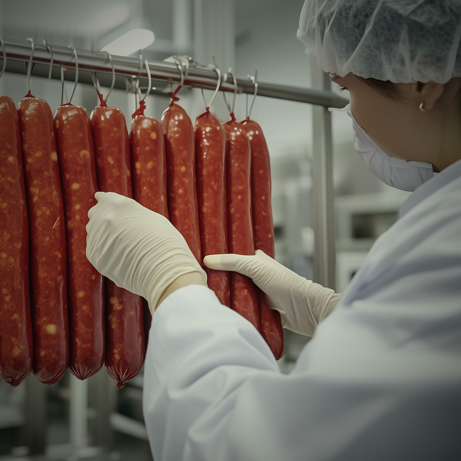 A worker in a white coat, hairnet and gloves steadying a row of cured red sausages hanging from hooks in a production room.
