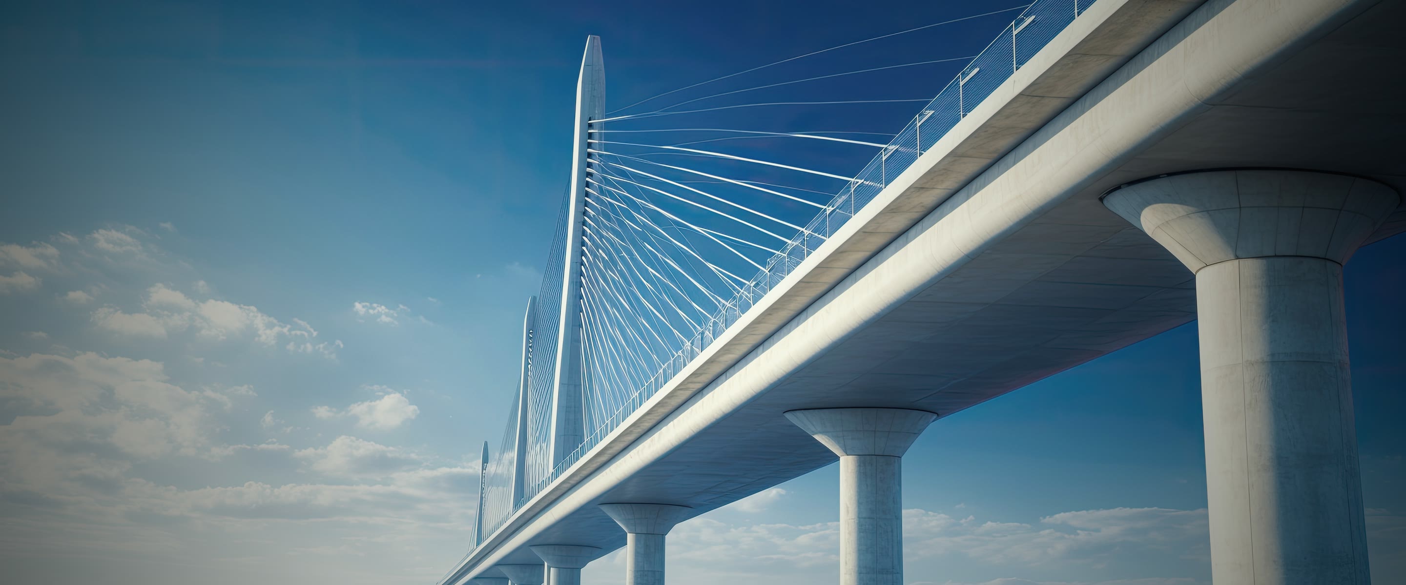 A cable-stayed bridge seen from underneath, its tall pylon and fan of cables rising into a clear blue sky as the deck sweeps away overhead.
