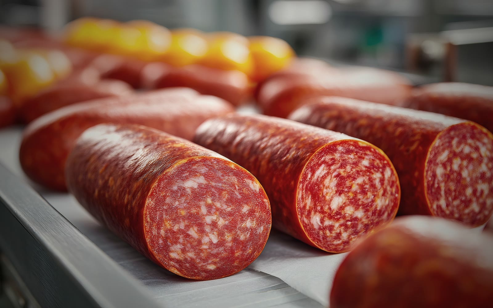 Whole salami laid in rows on a production table, the cut end of the nearest one showing its marbled texture.