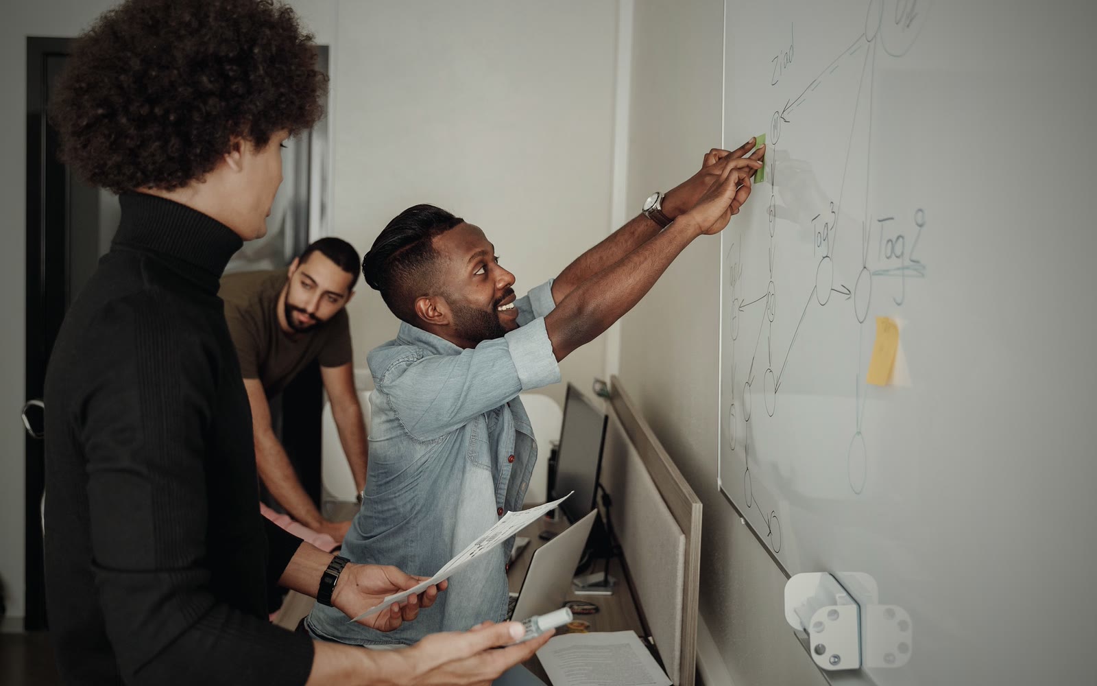 Three colleagues working through a diagram on an office whiteboard